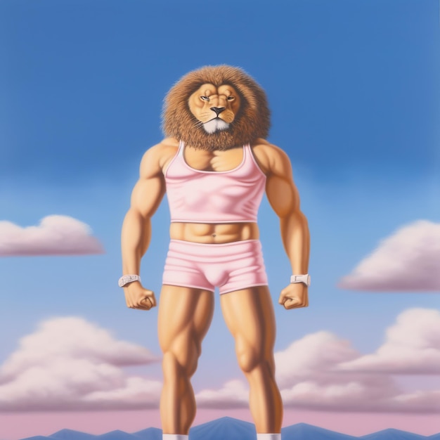 Lion in a tshirt and shorts on the background Athelete lion AI generative