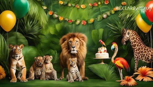 Photo a lion and two cubs are in front of a cake