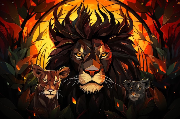 лев и два детеныша перед костром