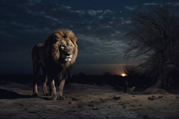 Lion walking in desert at night with sunset background