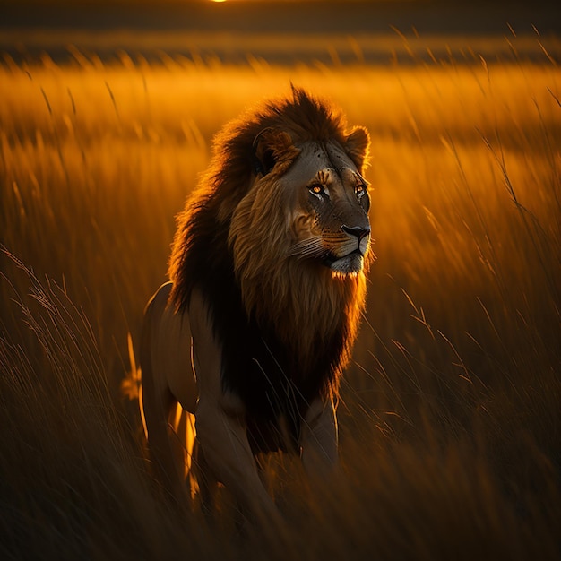 A lion walking through a field of tall grass.