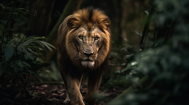 A lion walks through the jungle with a dark background