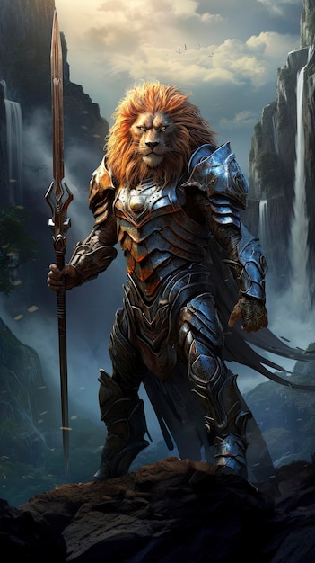 Lion warrior in armor with futuristic weapons with a sun set over the water falls on the peak