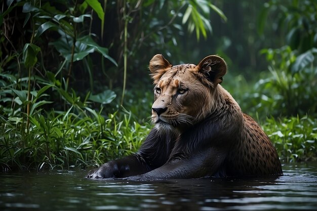 Foto un leone nell'acqua è nella giungla