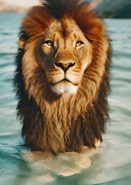 A lion in the water with the sun shining on its face.