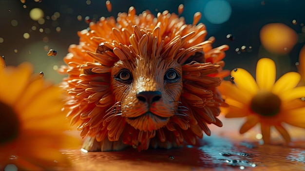 A lion in water with water drops on it