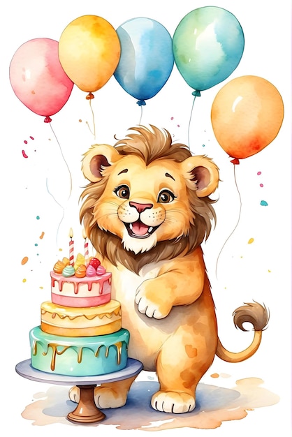 lion Watercolor animal with birthday cake Cute animal with cake Animal birthday celebration