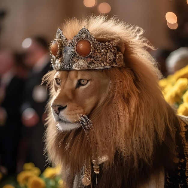 A lion wearing a crown and a gold crown stands in front of a table of sunflowers.