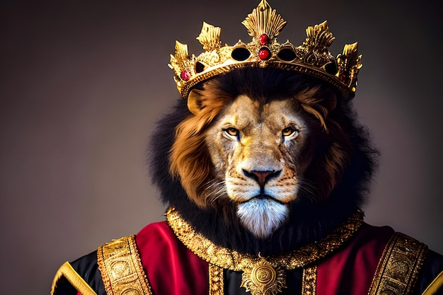 A lion wearing a crown and a red coat with the word king on it.