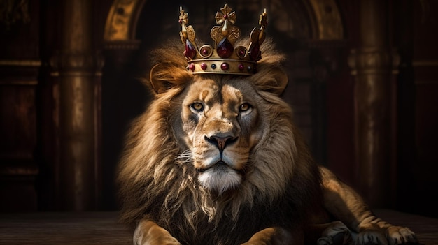 A lion wearing a crown sits on a table.