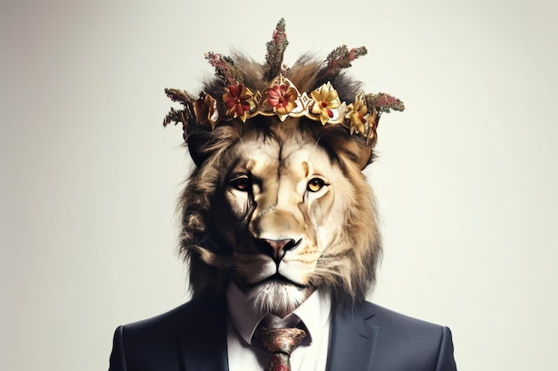 A lion wearing a crown and a tie