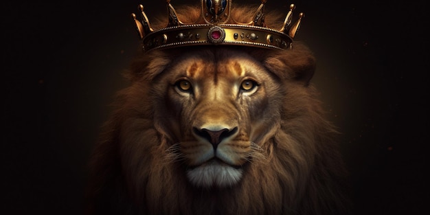 A lion wearing a crown with the word king on it