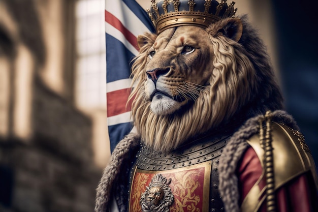 Lion wearing England national dress with UK flag Generative AI