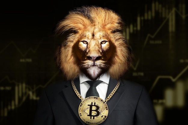 Lion wearing a gold necklace with the word b on it