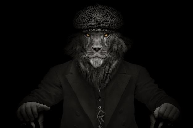 A lion wearing a hat and a jacket with a large hat.