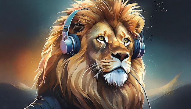 A lion a wearing headphones