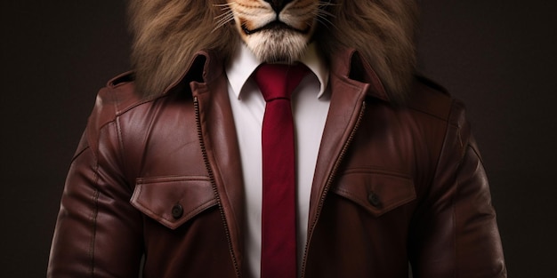 A lion wearing a jacket and tie