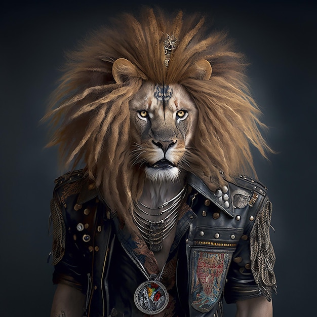 A lion wearing a leather jacket and a vest with the word lion on it.