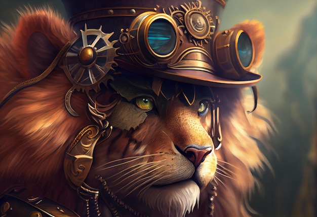 A lion wearing a steampunk hat and a steampunk hat.