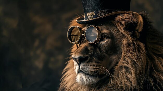 Photo lion wearing steampunk style hat and glasses with sepia background