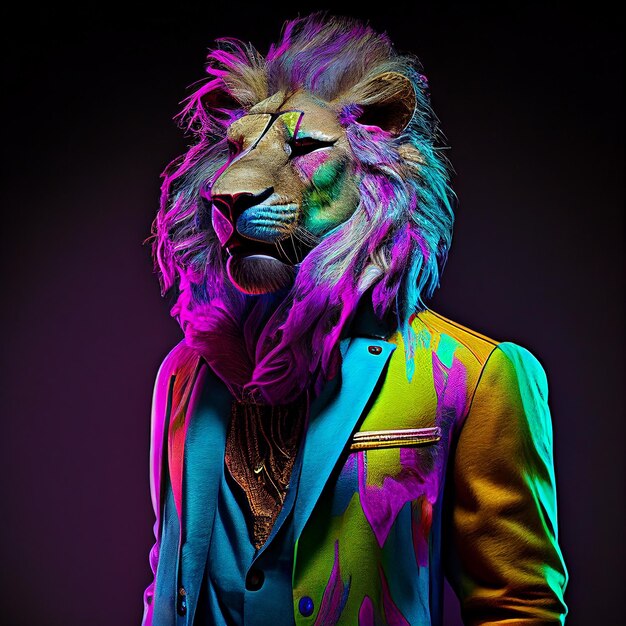 A lion wearing a suit and a jacket with a blue and yellow jacket.