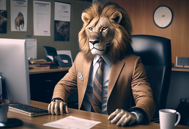 Lion wearing suit in office Businessman lion sitting at office Generate Ai