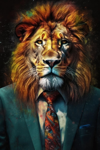 Lion wearing suit and tie with his head turned to the side Generative AI