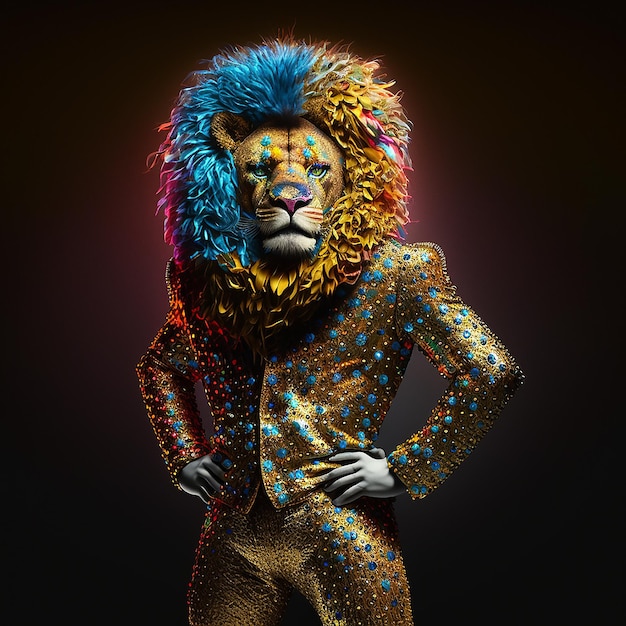 A lion wearing a suit with a blue mane and a gold jacket.