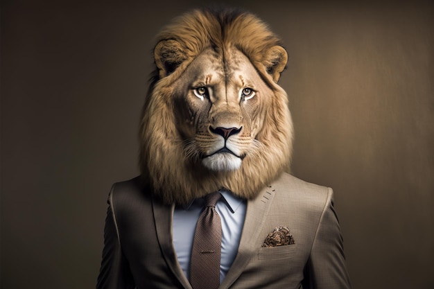 A lion wearing a suit with a serious expression studio portrait Generative AI