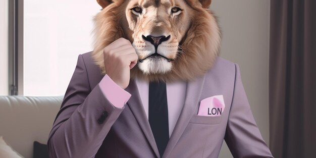 a lion wearing a suit with the word london on it