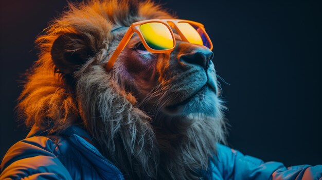 Photo lion wearing sunglasses and blue jacket