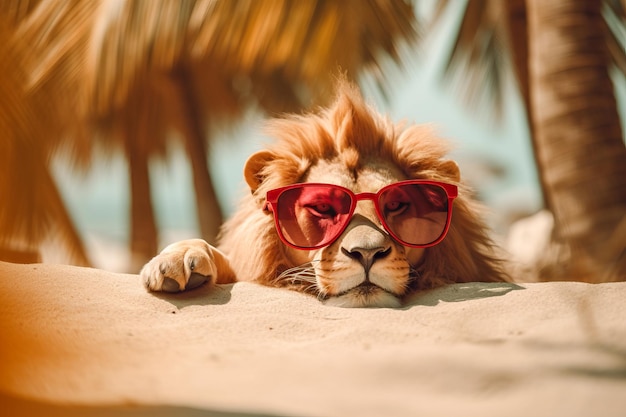 A lion wearing sunglasses looks over the sand.