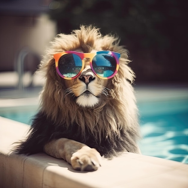 プールサイドに座るサングラスをかけたライオン Generative Ai