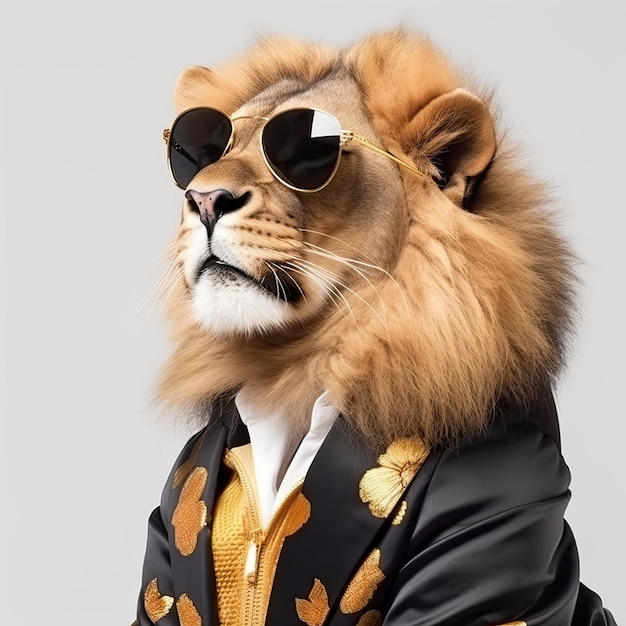 Photo a lion wearing sunglasses and a suit and tie generative ai