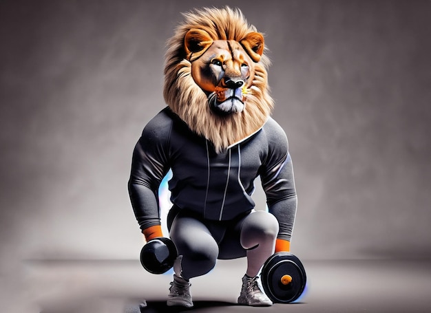 A lion wearing a tracksuit and lifting weights