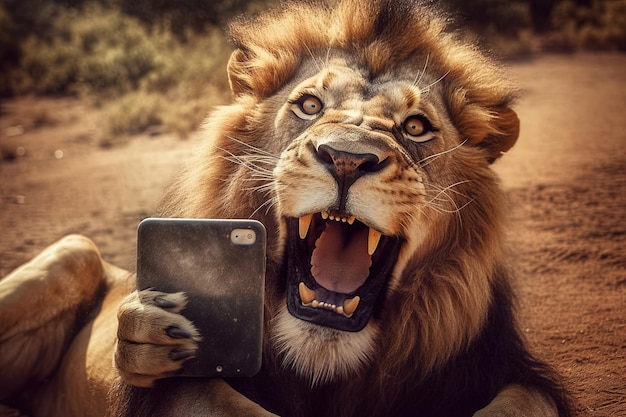 Дикое животное лев делает селфи с помощью смартфона, генерирующего искусственный интеллект
