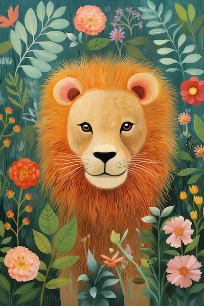 a lion in the wild flowers