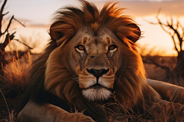 野生のライオンはゴールデンアワーで野生動物の写真を撮ります