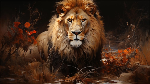 Lion in the wild at sunset 3d rendering Computer digital drawing