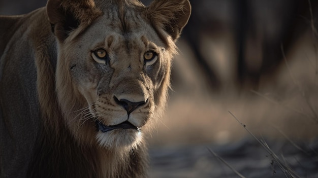 A lion in the wild with a blurred background