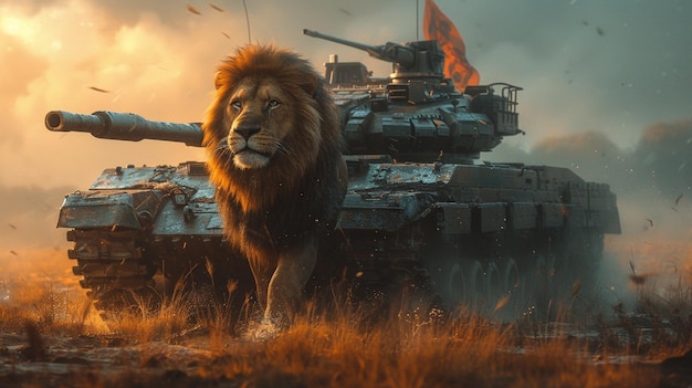 Лев с бронированным танком в поле