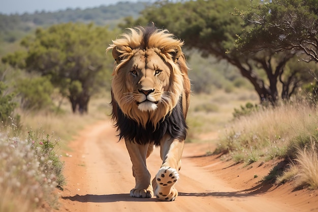 lion with a big mane is standing