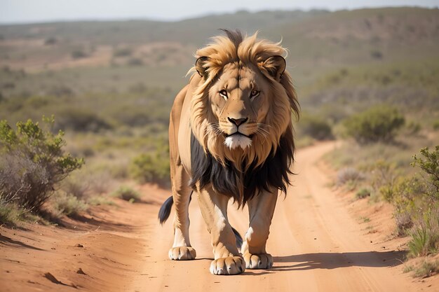 大きなたてがみを持つライオンが立っています。