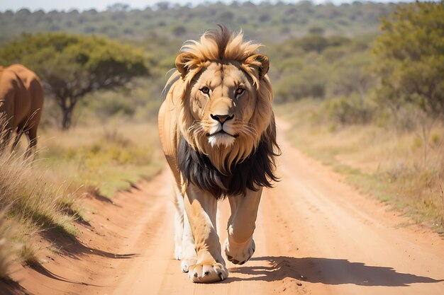 lion with a big mane is standing