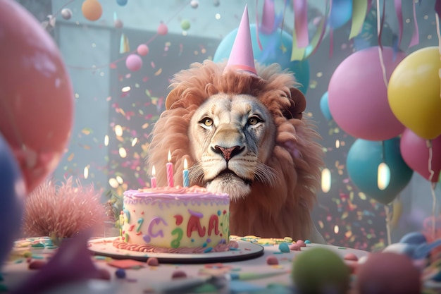 Photo a lion with a birthday cake and balloons in the background
