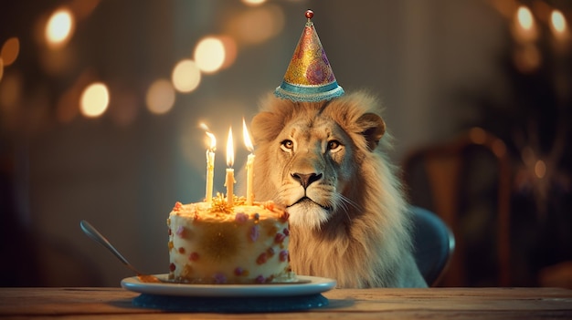 A lion with a birthday hat is looking at a cake with candles on it.