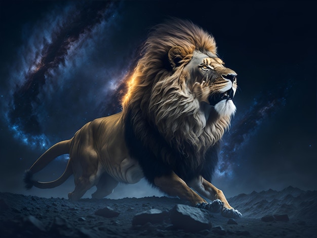 A lion with a blue background and a dark sky behind it