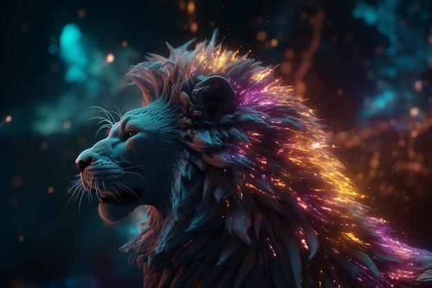 青色の背景と紫色の背景に尾が光るライオン。