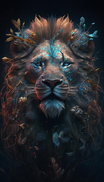 A lion with a blue background and the word lion on it.