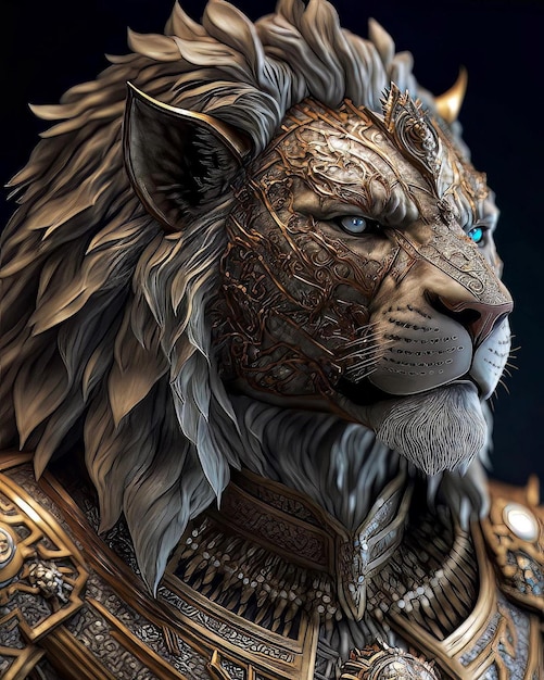 A lion with a blue eye and a golden mane